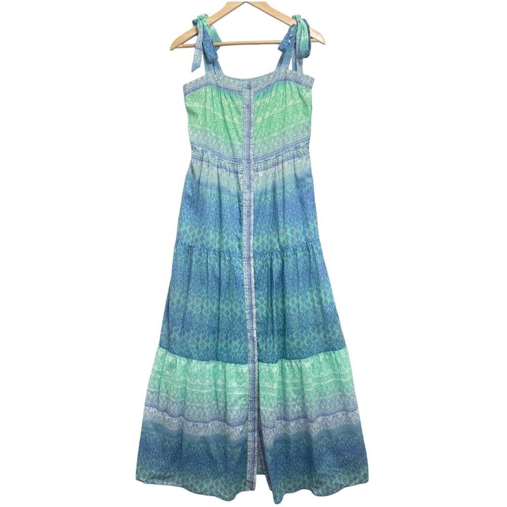 Hale Bob Maxi Dress Womens Small Blue Green Tiered Cotton Tie Strap 21UN6200 - Picture 2 of 8